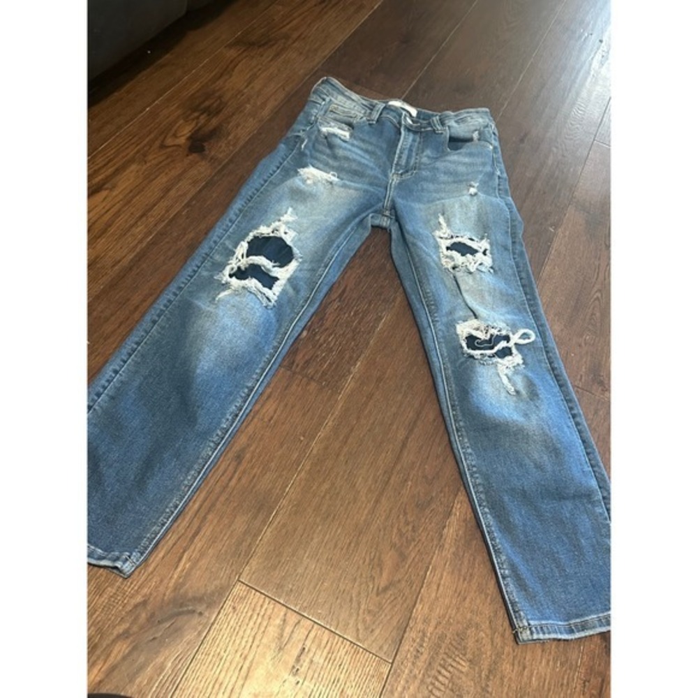 Risen Jeans Womens Distressed Straight Leg Denim Blue Medium Wash Size 7/28